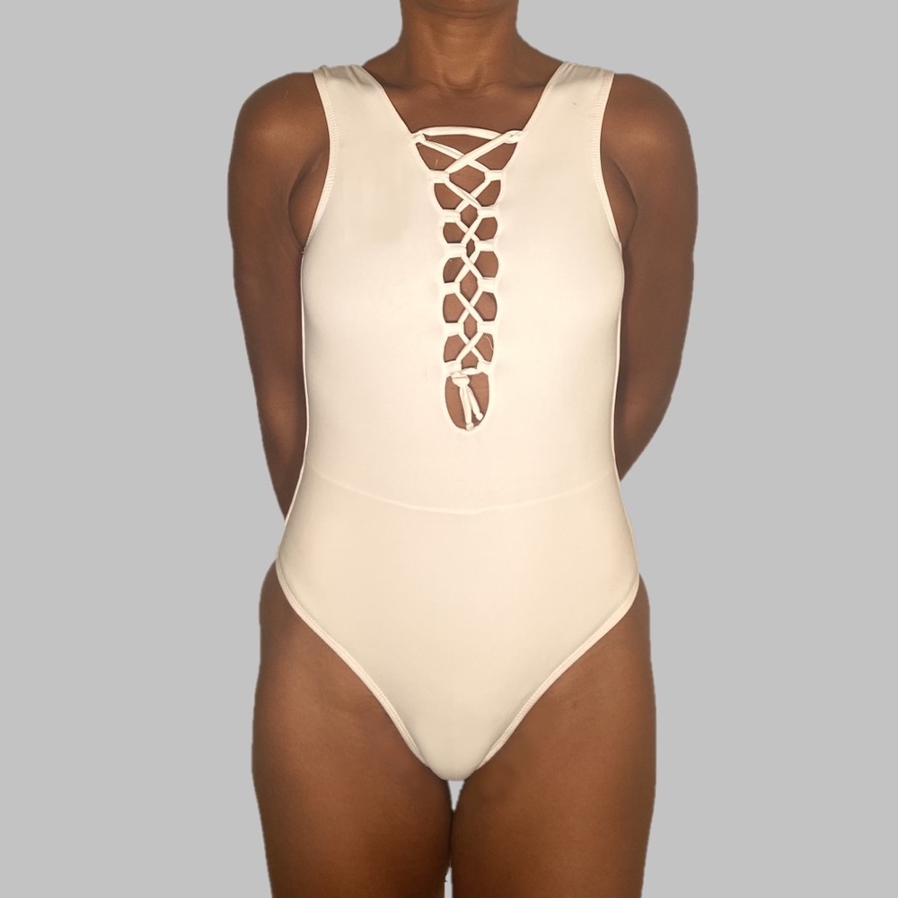 White Lace Up One Piece Swimsuit